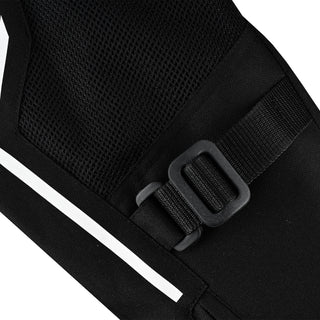 Close-up of the jacket's side adjuster system, showing a black plastic buckle and webbing strap next to a vertical white reflective strip and the main torso mesh panel.