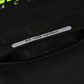 Close-up of an open zipper vent, showing the text "Air vent system" on the storm flap and the breathable mesh lining visible through the opening.