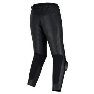 Angled rear view of the black leather trousers, emphasizing the large stretch panel on the back of the legs for mobility and the contoured fit around the seat.