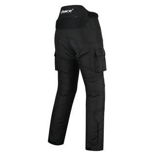 Angled rear view of the black Stratus textile trousers, showing the contoured seat, the accordion stretch waist, and the secure, functional cargo pockets on the back of the legs.