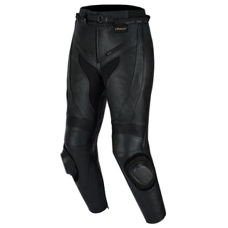 Angled view of the black leather racing trousers, showing the front stretch panels, the knee sliders, and the technical mesh gussets near the fly.