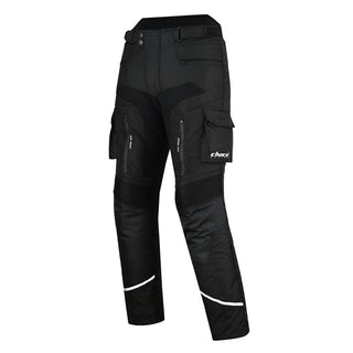 Angled three-quarter front view of the black Stratus trousers, clearly showing the zippered 'Air Vent' cargo pockets, the knee articulation, and the lower reflective stripe.