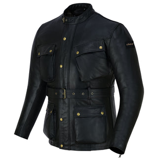 Angled three-quarter view of the belted black leather Apex motorcycle jacket featuring four large flap pockets, gold/brass hardware, and a stand collar with a throat latch, against a white background.