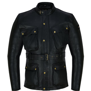 Full, straight-on front view of the black leather Apex motorcycle field jacket, featuring a snap-closure storm flap, four cargo pockets, and a wide, adjustable waist belt with a brass buckle.