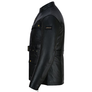 Full side profile of the black leather jacket, showing the jacket's length, the belted waistline, the zippered cuff, and the small Chace Racing logo patch on the sleeve.