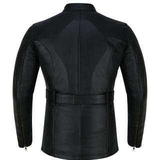 Full back view of the black leather jacket, showcasing the smooth leather back panel, the adjustable waist belt, and the zippered sleeve cuffs.