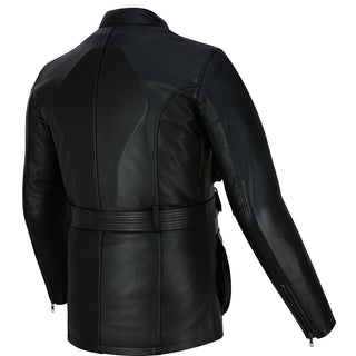 Angled three-quarter rear view of the black leather jacket, emphasizing the smooth leather back, the adjustable waist belt, and the zippered cuffs on the sleeves.