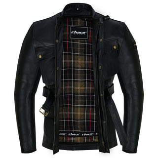 The black leather jacket is unzipped and open, clearly displaying the removable quilted tartan plaid interior lining and the unbuckled leather waist belt.