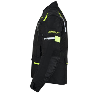 Side profile of the black and hi-vis yellow adventure touring jacket, showing the full sleeve length, the elbow articulation panel, side pockets, and the Chace Racing logo on the bicep.