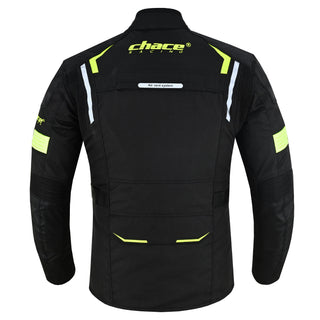 Full rear view of the black and hi-vis yellow touring jacket, showcasing the large "Air Vent System" zipper cover on the back, the Chace Racing logo, and reflective/hi-vis accents on the shoulders and arms.
