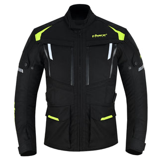 Zipped, full front view of the black textile adventure touring jacket with hi-vis yellow accents, four cargo pockets, and double vertical reflective stripes on the chest.