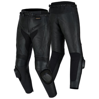 A composite image showing both the front and rear views of the black leather racing trousers, highlighting the knee sliders on the front pair and the contoured seat panel on the back pair.