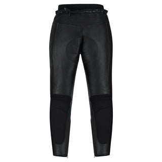 Full rear view of the black leather motorcycle trousers, showing the contoured seat panel, the ribbed elastic waist, and the large black stretch textile panel below the knees.