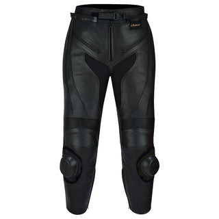 Full front view of black leather motorcycle racing trousers featuring knee sliders, accordion stretch panels above the knees, and zippered fly and pockets, against a white background.
