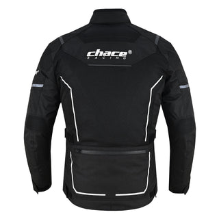 Full rear view of the black mesh jacket, featuring a large breathable mesh panel on the back, white reflective accents, Chace Racing logo, and a large zippered rear storage or map pocket.