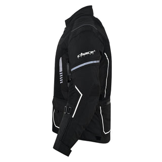 Full side profile of the black mesh motorcycle jacket, highlighting the large "Chace Racing" sleeve logo, the side mesh panels, and the adjustable straps near the bicep and wrist.