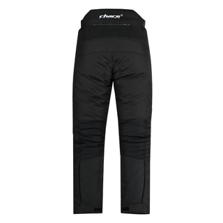 Full rear view of the black textile trousers, highlighting the large accordion stretch panel at the lumbar/waist and the contoured fit of the seat.