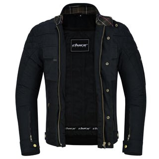 The black motorcycle jacket is unzipped and open, revealing the thermal or protective interior lining, the branded tag, and the tartan plaid collar detailing.