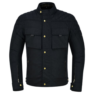 A black, quilted, wax-cotton-style motorcycle jacket with gold snap buttons, four flap pockets, and zipper details on the sleeves and waist, shown against a pure white backdrop.