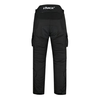 Full rear view of the black textile Stratus motorbike trousers, highlighting the accordion stretch panel at the waist, contoured seat, and large rear cargo pockets.