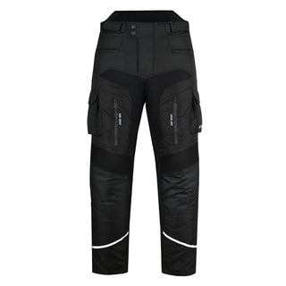 Full front view of black textile Stratus motorbike trousers, featuring large cargo pockets, 'Air Vent' zippers, stretch panels, and white reflective stripes on the lower legs.