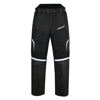 Full front view of black textile motorbike trousers, featuring stretch panels, white reflective stripes across the knees, and adjustable waist straps.