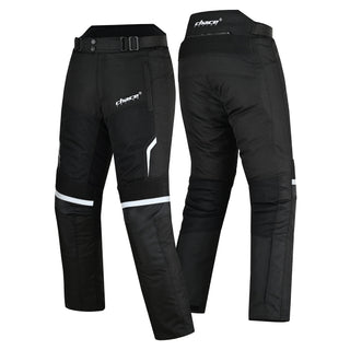 Composite image showing both the front (reflective stripes, knee stretch) and rear (lumbar stretch, contoured seat) views of the black textile motorbike trousers.