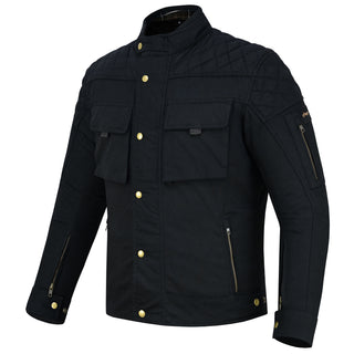 Angled, three-quarter view of a black men's motorcycle jacket featuring a stand-up collar, quilted shoulder panels, gold snap buttons, and four external flap pockets, presented against a white background.