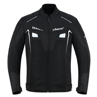 Front view of the black Chace Volt textile motorcycle jacket featuring large mesh panels, "Air Flow System" branding, reflective white accents, and a stand collar, against a white background.