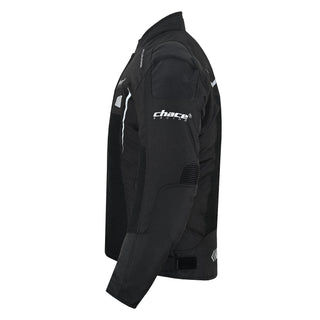 Full side profile view of the black Chace Volt jacket, clearly showing the large front and side mesh panels for ventilation, the sleeve branding, and the adjustable waist closure.