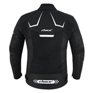 Full rear view of the black Chace Volt textile motorcycle jacket, showing the large central breathable mesh panel, white reflective stripes, and large Chace Racing logo at the lower back hem.