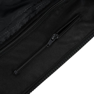Close-up of a black, durable external pocket zipper with a rubberized pull tab, set into the textile material adjacent to the main jacket zipper line.