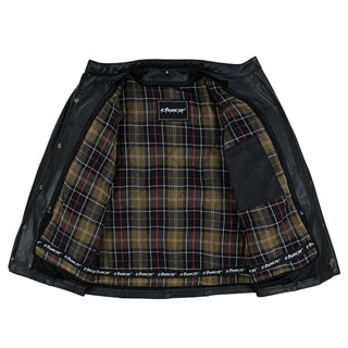 Wide view of the leather jacket interior, showing the full spread of the quilted tartan lining, the Chace Racing inner brand tag, and a large internal patch pocket.