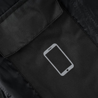 Extreme close-up of an internal pocket flap on the jacket's lining, featuring a clear, stylized graphic icon of a cell phone, indicating a dedicated phone storage area.