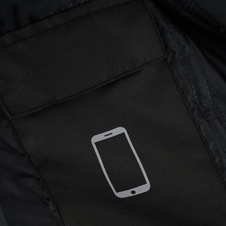 Close-up of an internal pocket on the jacket's lining, featuring a clear, light-gray graphic icon of a cell phone, designating the pocket for secure phone storage.