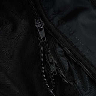 Extreme close-up of two parallel heavy-duty black zippers with marked pull tabs, likely indicating a double closure system for water resistance or the main zipper and liner zipper.