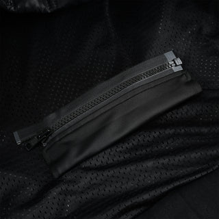 Extreme close-up of a zippered internal security pocket set within the black perforated mesh lining of the jacket's interior.
