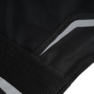 Close-up of the knee area, showing a silver reflective accent stripe integrated into the textile fabric adjacent to the black accordion stretch panel.