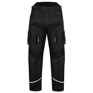 Full, straight-on front view of the black Stratus textile motorbike trousers, highlighting the symmetrical cargo pockets, zippered 'Air Vent' openings, and the knee accordion panels.