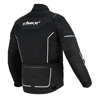 Angled three-quarter rear view of the black mesh jacket, emphasizing the large breathable mesh back, the rear cargo pocket, and the adjustable waist straps.