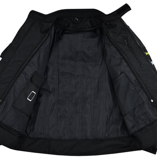 The black adventure jacket is open, revealing the removable quilted thermal liner, which includes two internal pockets, one with a specialized cell phone icon, confirming internal storage options.